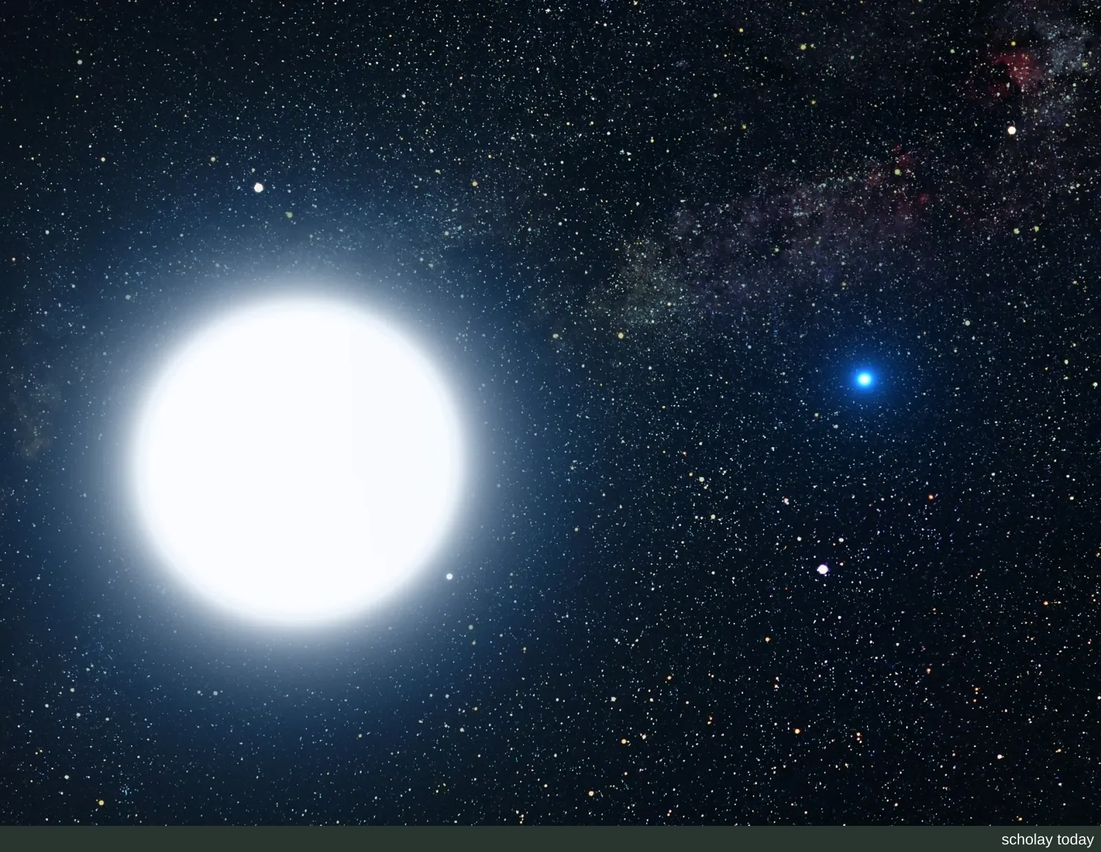 艺术想象图:明亮的蓝白色天狼星 A 占据画面左侧,右侧是体积很小、发出蓝白光的白矮星伴星天狼星 B,背景为星空