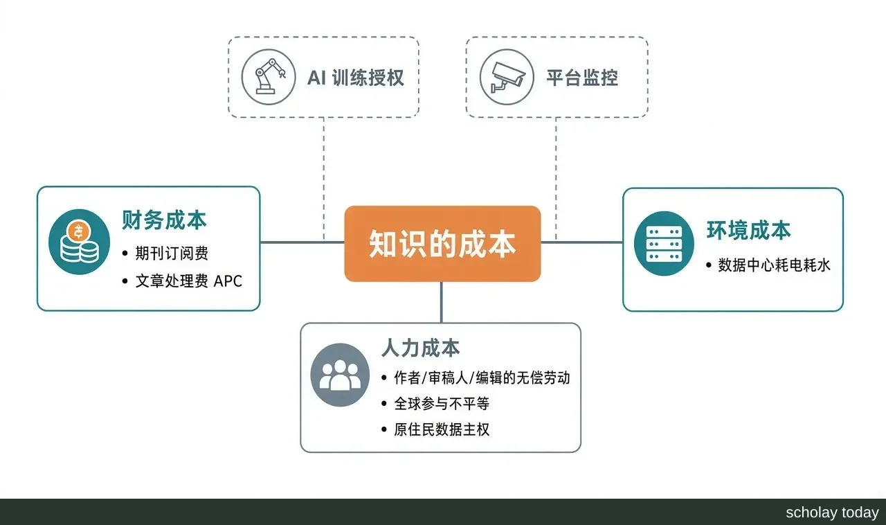 正文结构图,用代码绘制。中心为“知识的成本”,分出三支:财务成本(期刊订阅费、文章处理费 APC)、人力成本(作者/审稿。