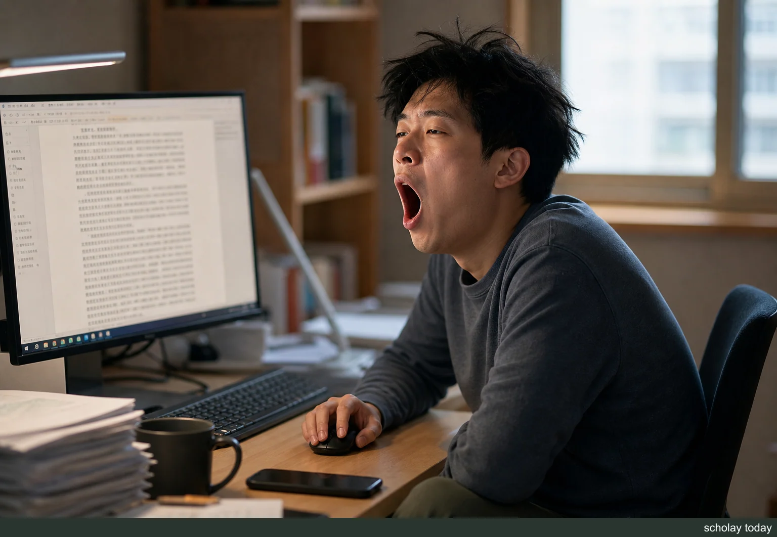 办公桌前的人打哈欠,旁边放着手机
