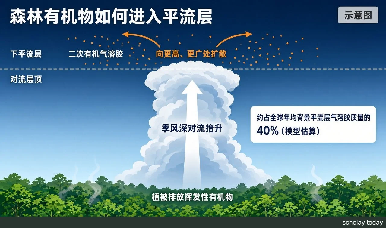 森林排放经季风深对流进入下平流层并形成二次有机气溶胶的示意图
