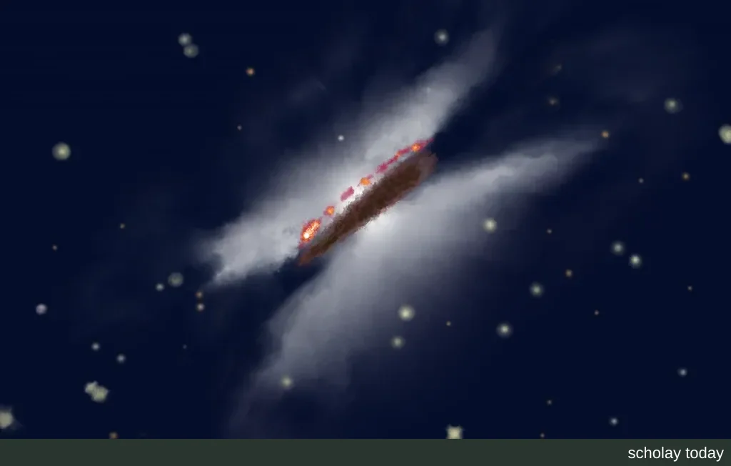 艺术示意图:年轻恒星周围的原行星盘从侧面看呈多层堆叠,中间为薄尘埃层,上下是蓬松的分层气体