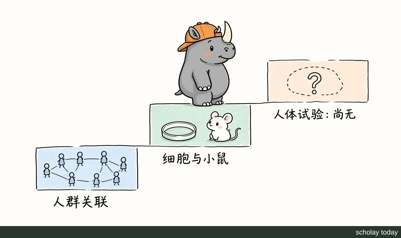 证据层级示意:人群关联、细胞与小鼠实验、尚无人体试验