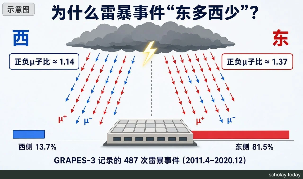 GRAPES-3 雷暴事件东西分布与正负μ子比示意图