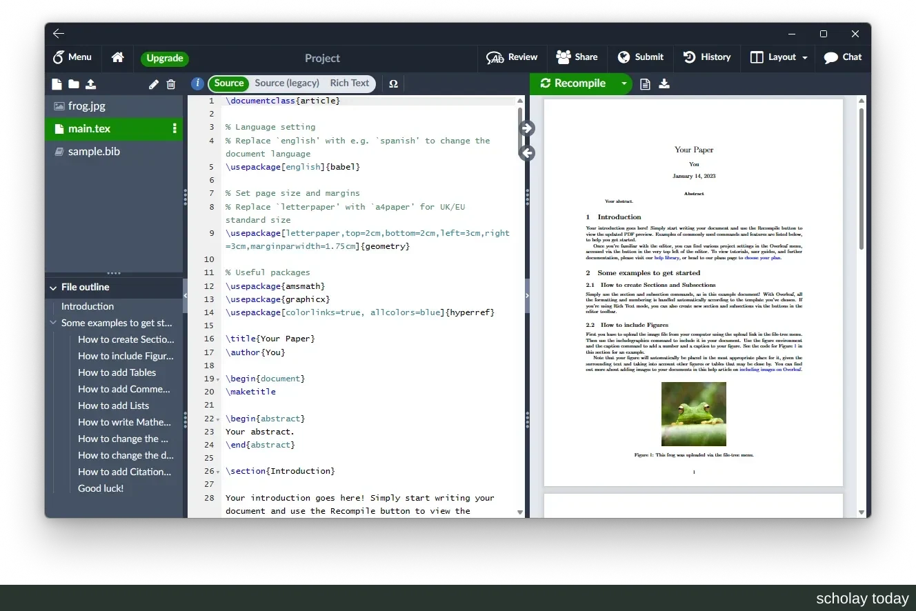 Overleaf 在线 LaTeX 编辑器界面:左侧为项目文件与源代码,右侧为编译后的 PDF 预览
