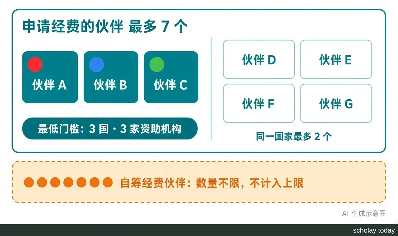 正文结构示意图(代码绘制):画出一个联合体,至少 3 个来自不同国家、分别向不同资助机构申请经费的伙伴构成最低门槛。